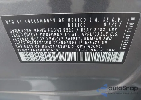 2017 Volkswagen Jetta 1.8T Sport из США, поврежденный, VIN 3VWD17AJ4HM305666